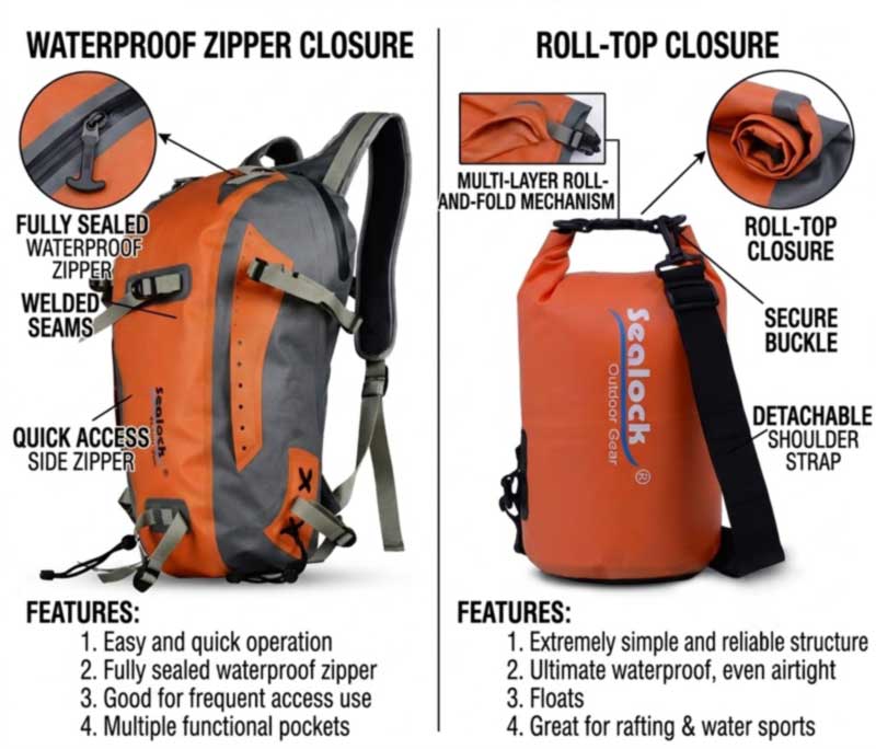 Roll Top versus waterdichte campingtassen met ritssluiting voor OEM-projecten